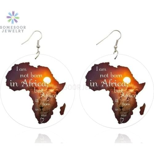 SOMESOOR Painted Afro Lion Black Artistic Map Wooden Drop Earrings African Born Me Saying Wood Dangle Jewelry For Women Gifts
