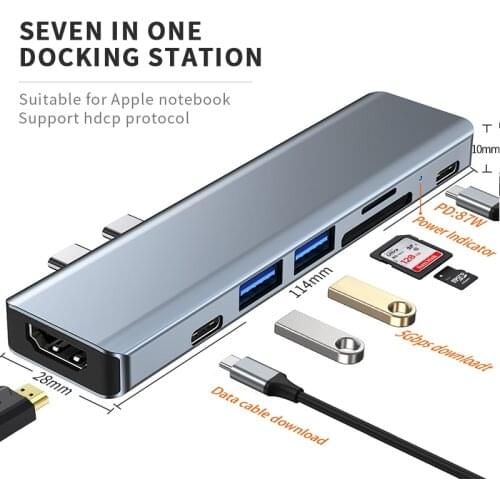7 in 1 USB 3.0 Double Type-C Hub To HDMI PD87W 4K Thunderbolt with Hub 3.0 TF SD Reader Slot PD Data for MacBook Pro/Air