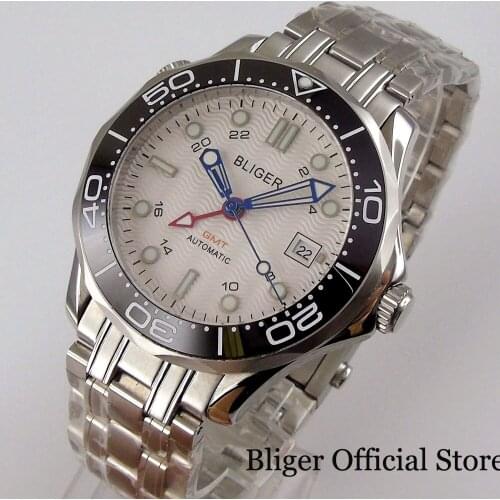 BLIGER Brand GMT 41mm Men Watch Sapphire Glass Automatic Movement Mental Band Rotating Bezel Screw Crown