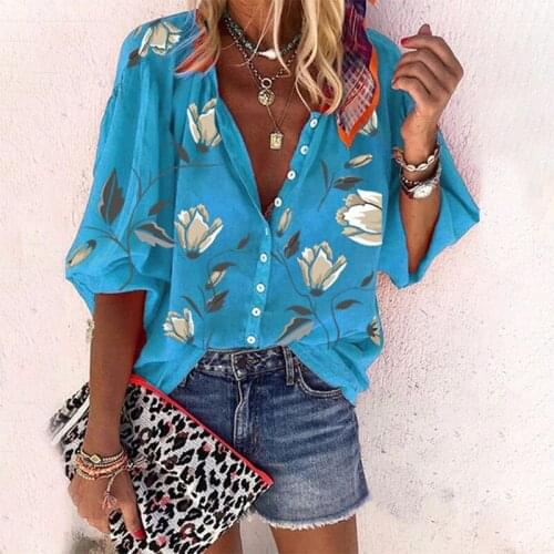 Summer Flower Print Nine Quarter Stand Collar Shirt Women Loose Plus Size Tops And Blouses Casual Open Stitch Office Lady Shirts