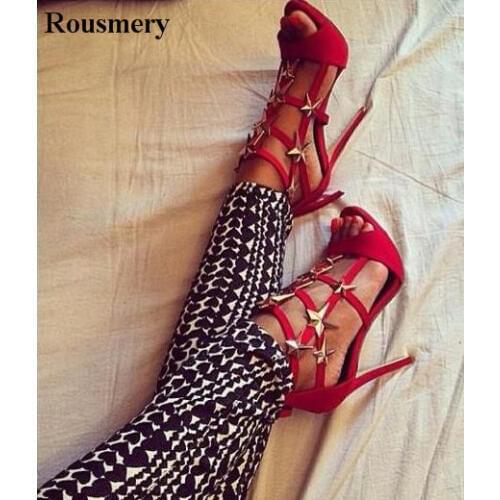 Women Open Toe Gold Sequined Stars Design Red Suede Leather High Heel Sandals Super High Heel Gladiator Sandal Dress Shoes
