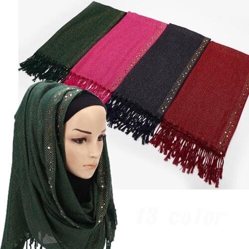 1PC Crystal Edges Foulard Hijab Muslim Wraps Fashion Luxury Diamond Sides Shawl Women Plain Shinny Tassel Solid Color Scarf