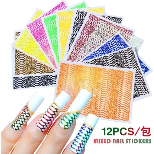 12pcs Laser Bohemia Self-Adhesive Neon Curve Serpentine Stripe Nails Stickers Acrylic Decorations Manicure Snake Grid Pattern