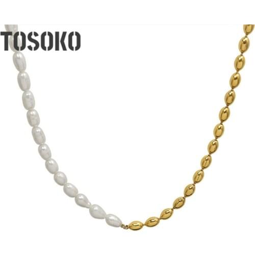 TOSOKO Stainless Steel Jewelry Oval Bead Chain With 18 K Golden Freshwater Pearl Necklace For Women BSP1113