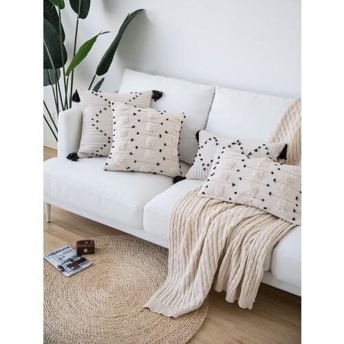 Beige Linen Cotton Cushion Cover with Tassels Dot Embroidery Home Decoration Pillow Cover Sofa Pillowcase Pillow Sham 30x50cm