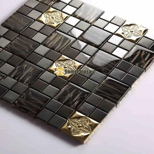 Black color glass mixed metal mosaic tiles for wall tiles kitchen backsplash tiles bathroom shower tiles square and strip