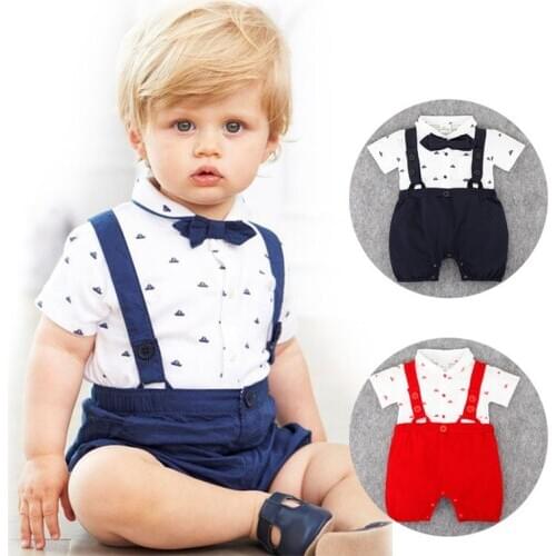 Newborns Toddlers Gentleman Jumpsuit Little Boy Birthday Formal Romper Suits with Gentle Tie Outfit Baby Wedding Suits