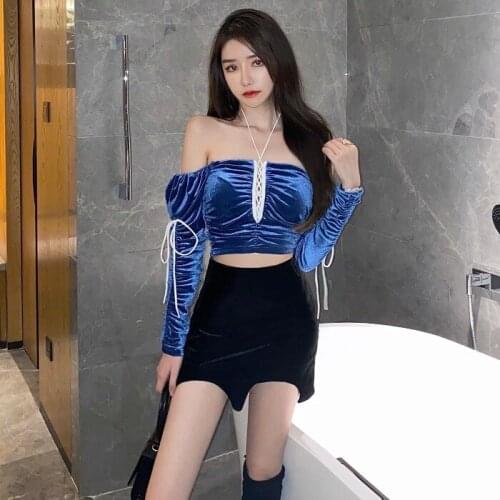 French Korean foam sleeve square collar design feeling bandage velvet top spring new fashion temperament short T-shirt