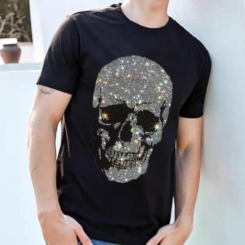 Summer High Elasticity Mens Short-Sleeved Diamond-Studded Outdoor Popular Jogging Sports O-Neck T-Shirt Slim And Breathable