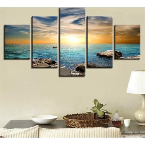 Art Paintings HD Printing Decor Wall 5 Pieces Reef Stone Blue Sea Water Sunset Seascape Canvas Pictures Modular Framework Poster