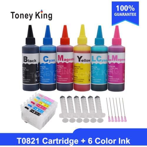 Toney King T0821 Dye Ink Cartridges For Epson Stylus Photo T50 R290 R295 R390 RX590 RX610 Printer + Ink Bottle For 6×100ml