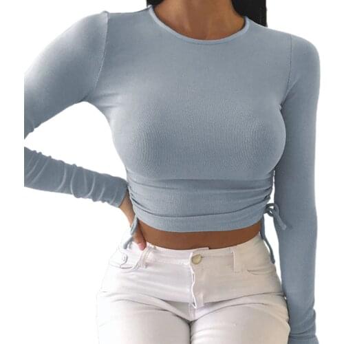Women Long Sleeve Drawstring Slim Fit Crop Tops Sexy Casual Solid Color Crew Neck Fashion Basic Short T Shirts Streetwear