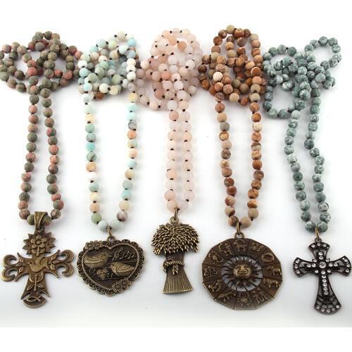 Fashion Bohemian Tribal Jewelry Natural Stone Long Knotted Metal Pendant Necklaces Women Ethnic Necklace