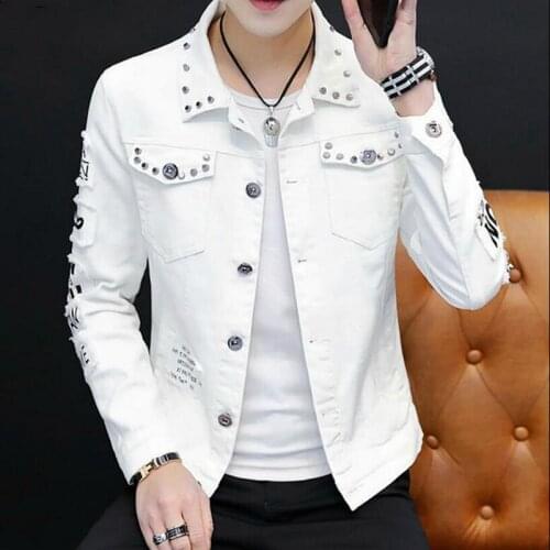 2021 White Denim Jacket Men Rivet Motorcyle Basic Coat Streetwear Hip Hop Bomber Jacket Cowboy Mens Jean Jacket Chaqueta Hombre