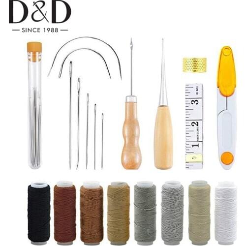 29Pcs Leather Craft Tool Kit Hand Sewing Needles Canvas Thread & Needles & Tape Measure & Wooden Awl For Leather Repair Kits