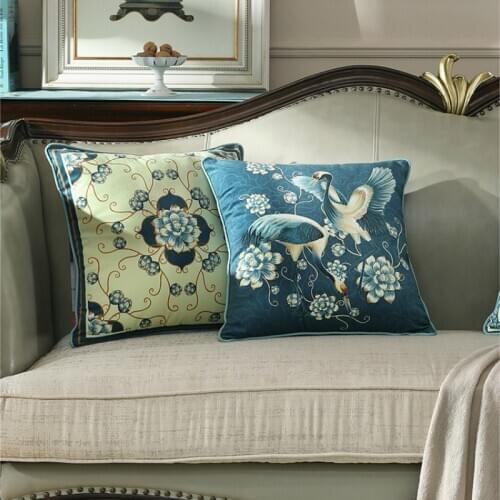 DUNXDECO Cushion Cover Square Decorative Pillow Case Modern Artistic Chinese Elegant Crane Blue Color Cushion Sofa Chair Coussin