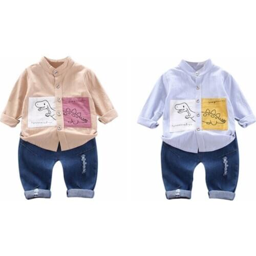 New Autumn Baby Boy Long Sleeve Cartoon Dinosaur Print T-shirt Blouse+Denim Pants Trousers Toddler Casual Outfits