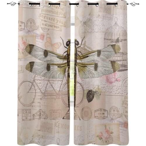 Animal Dragonfly Retro Window Curtains Living Room Kitchen Curtains for Bedroom Left and Right Biparting Open Curtains