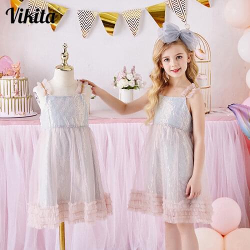 VIKITA Girls Dress Summer Girls Sling Dresses Children Elegant Birthday Party Prom Vestidos Toddlers Lace Tulle Princess Dress