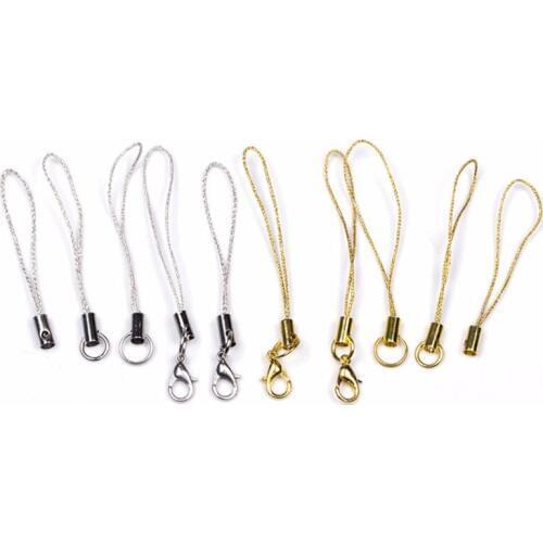 50pcs Gold Cord Hang Rope Key Chain Charms Mobile Case Strap Lariat Lanyard Lobster Clasp Cell Phone Finding Connector DIY