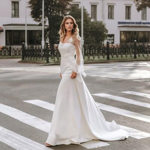 See Through V-neck Puffy Long Sleeves Lace Applique A-line Soft Satin Wedding Dress Fashion Soft Bridal Gowns