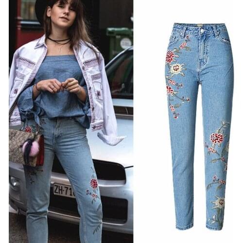 Vintage Flower Embroidery Jeans Fahsion Female Pockets Straight Denim Pants Womens Light Blue Casual Trousers
