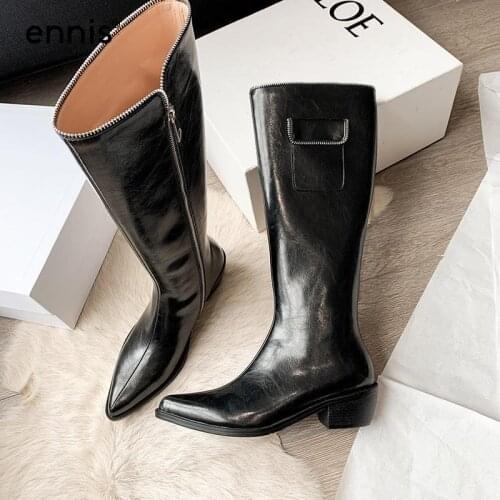 ENNIS Womens Shoes Knee High Boots Autumn Winter Square Heel Zip Boots Retro Pointed Toe Leather Female Boots Fashion Brand New