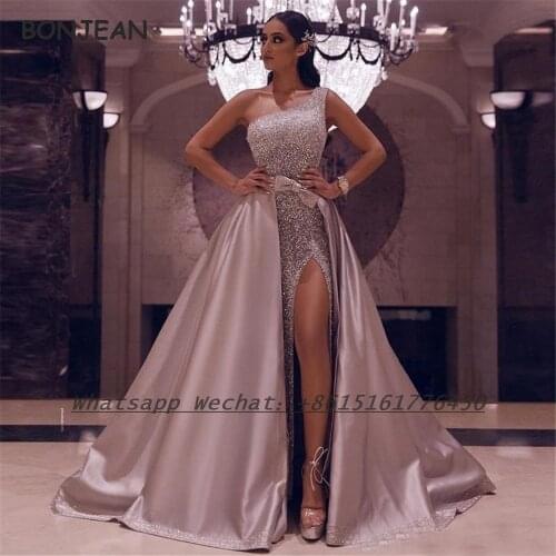 Sliver Sequins Evening Dress 2021 Mermaid One Shoulder Floor Length Two Piece Formal Evening Gown for Women