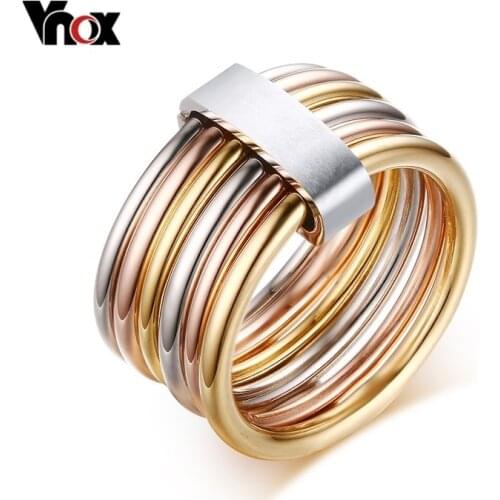 Vnox Fashion 6 Plain Bands Interlocked Stacked Wide Statement Cocktail Rings for Women Three Colors Femme Ring Set