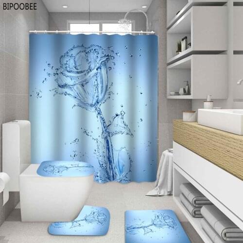 Water Styling Rose Shower Curtain Bathroom Curtains Beautiful Flowers Bath Rugs Set Toilet Cover Mat Pedestal Anti-slip Carpet