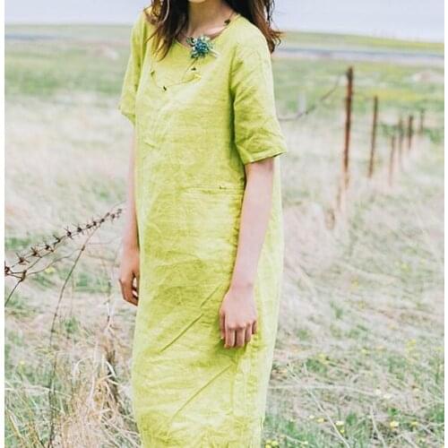 Green Long Linen Summer Women Dresses Summer O Neck Women Dresses