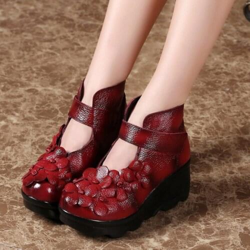 2021 Summer Handmade Flower Women Boots Female Round Toes Genuine Leather Ankle Boots Ladies Floral Wedges Shoes Vintage Bota