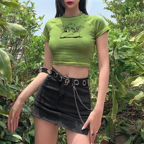 2021 Black Goth Aesthetic Vintage Crop Top T-shirt Women Korean Kawaii Harajuku Punk Kpop Gothic Streetwear Y2k Female Clothing
