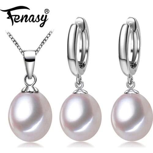 FENASY 925 Sterling Silver Jewelry Sets Natural Freshwater Pearl Drop Earrings Custom Trendy Pendant Chain Necklaces For Women
