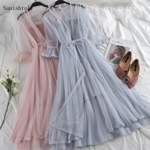 Two-piece Women Flare Sleeve Tie Bow Lace Cardigan Dress Autumn Ladies Sweet Long Pearl Spaghetti Strap Mesh Dresses Vestidos