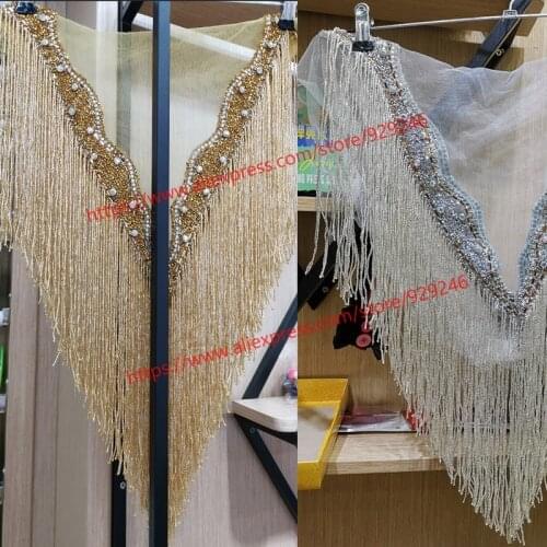Gold black beads fringes lace collar for bridal weddings and dress collar decoration gorgeous silver beads tassel neckline