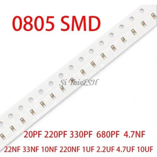 100PCS 0805 SMD capacitor ceramic 1PF-10UF 20PF 220PF 330PF 680PF 4.7NF 22NF 33NF 10NF 220NF 1UF 2.2UF 4.7UF 10UF capacitors
