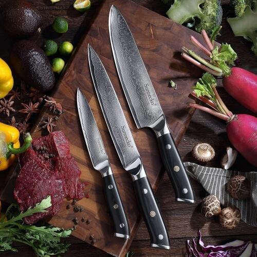 SUNNECKO 3PCS Kitchen Slicer Utility Chef Knife Set Japanese Damascus VG10 Steel G10 Handle Razor Sharp Cutting Tools Xmas Gift