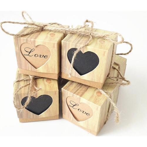 50pcs Romantic Vintage Heart Kraft Paper Candy Box With Burlap Twine Wedding Favors And Gifts Bag Party Wedding Decor Supplies