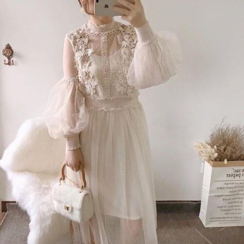 AECU 2021 Long-Sleeved Stand-Neck Solid Lace Women Dating Dresses Mesh Streetwear Mid-Calf Dress Female Summer Princess Dress