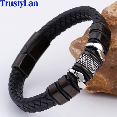 TrustyLan 16MM Wide Stainless Steel Wrap Bracelet Men Black Genuine Leather Mens Bracelets Bangles 2018 With Magnet Clasp Gifts