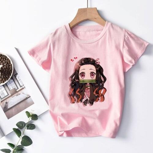 Cute Children Fashion Demon Slayer Pink T Shirt Demon Blade Girls Tops Kids Summer Cartoon T-shirt Novelty Anime Short Sleeve