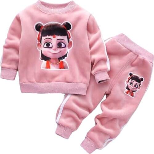 Childrens Clothing Suits Autumn Winter Tees Top + Pants Sets Plus Velvet Warm Baby Boy Girl Cartoon Side Stripe Kids Set 1-6Y