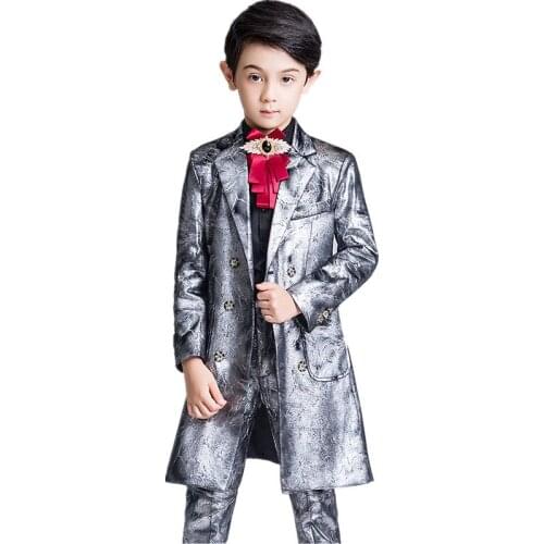 Childrens Formal Wedding Suit Sets Flwoer Boy Long Blazer + Pants+ Shirt+Bowite Dress Outfits Kids Performance Party Costume