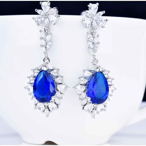 Europe America Luxury Stud Earrings Inlay Blue Water Drop Cubic Zirconia 925 Silver Charm Jewelry For Women Wedding Engagement