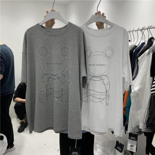 Cotton Short-sleeved T-shirt Women Spring/summer 2021 Korean Fashion Bear Pattern Loose and Versatile Women Creative Top