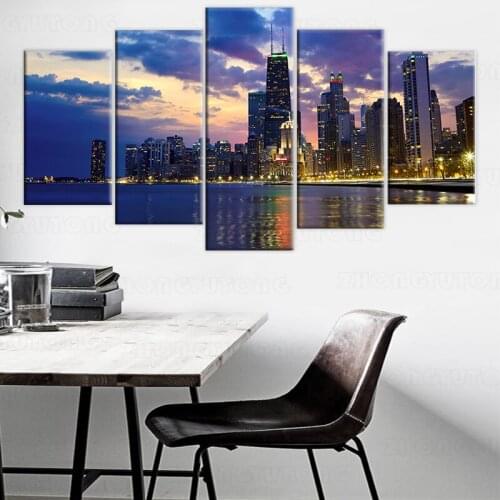 HD Painting Canvas Printed Wall Art 5 Pieces Busy City Chicago Night View For Living Room Home Decor Poster Modern Picture Frame