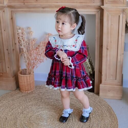 Baby Girl Embroidery Plaid Dress 2020 New Toddler Girls Spanish Frocks Children Boutique Clothes Infant Spain Flower Dresses