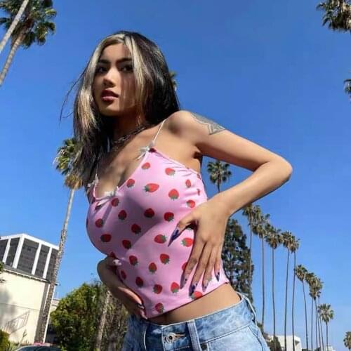 Strawberry Tank Tops Women Summer Cyber Baby Tee Y2k Halter Crop Top Butterfly Aesthetic Printing Spaghetti Strap Sleeveless Top