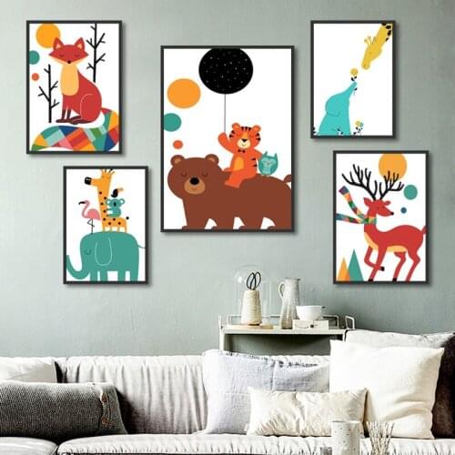 Lovely Colorful Abstract Cartoon Animals Elk Fox Wall Painting Canvas Printing Poster for Kids Rooms Decals Decoration